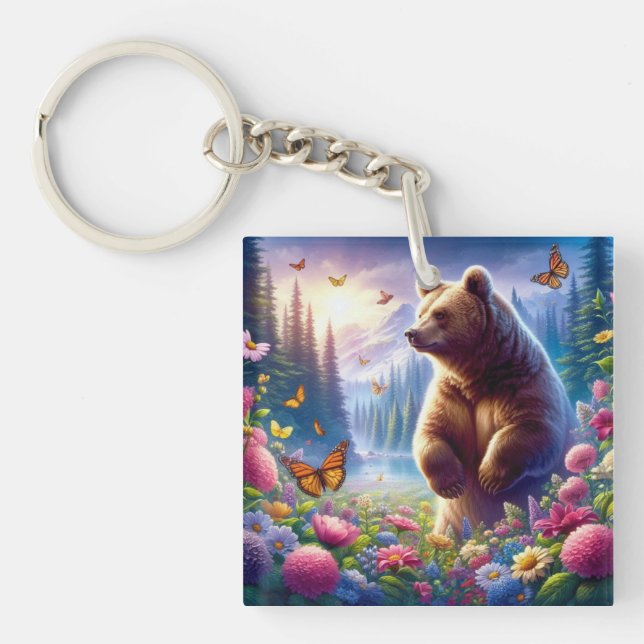 Cute, colourful bear & butterflies key ring (Front)