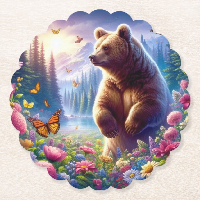 Cute, colourful bear & butterflies paper coaster (Front)