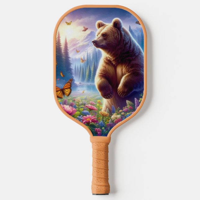 Cute, colourful bear & butterflies pickleball paddle (Front)