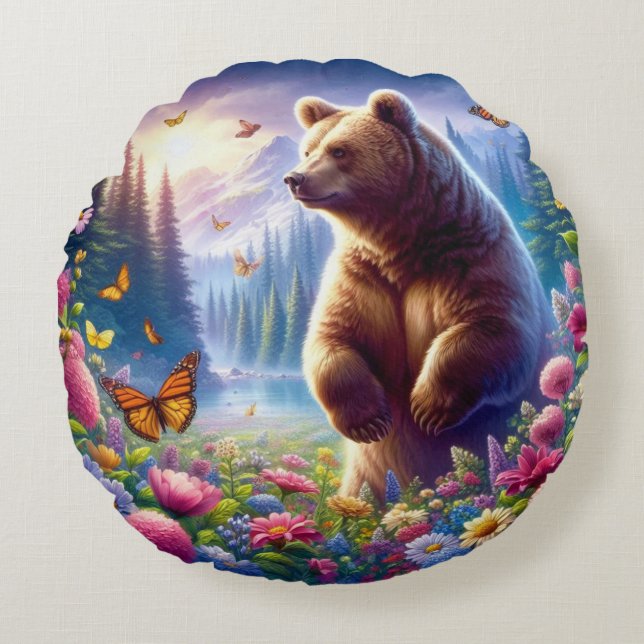 Cute, colourful bear & butterflies round cushion (Front)