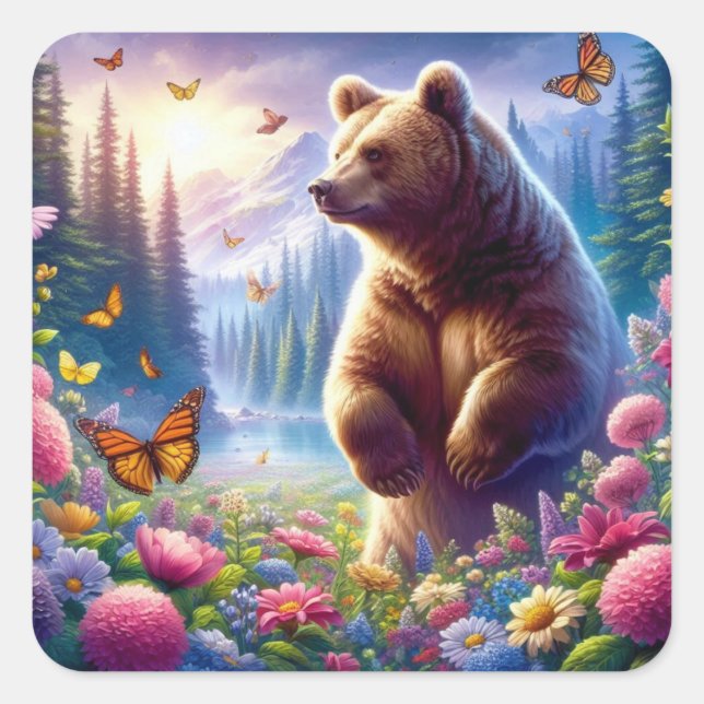 Cute, colourful bear & butterflies square sticker (Front)