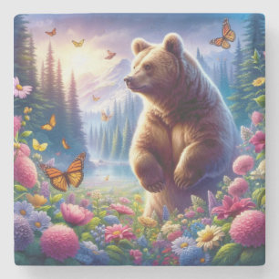 Cute, colourful bear & butterflies stone coaster