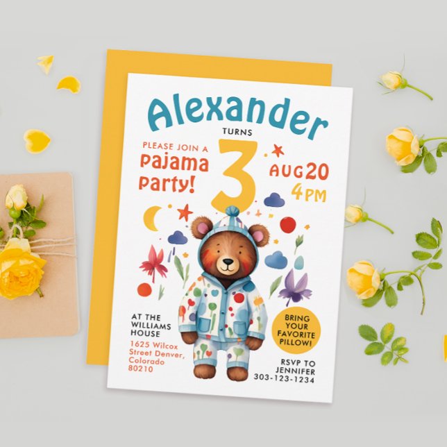 Cute Colourful Bear Pajama Birthday Watercolor  Invitation (Creator Uploaded)