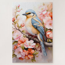 cute colourful bird  on a branch with flowers 
