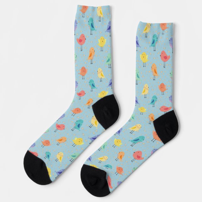 Cute colourful birds cartoon drawing, on blue socks (Left)