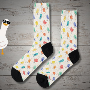 Cute colourful birds cartoon drawing, on white socks