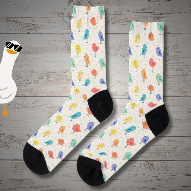 Cute colourful birds cartoon drawing, on white socks (Creator Uploaded)