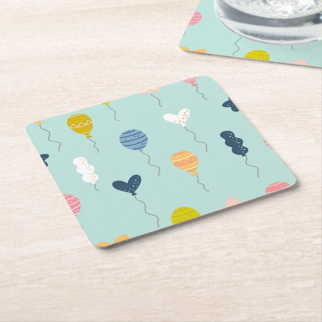 Cute Colourful Birthday Party Balloon Pattern Square Paper Coaster (Angled)