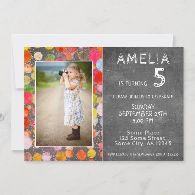 Cute Colourful Blots Chalkboard Kids Photo Birthda Invitation (Front)