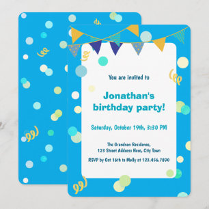 Cute Colourful Blue & Green Confetti Boy Birthday Invitation