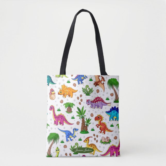 Cute Colourful Blue Green Pattern Dinosaur Tote Ba Bag (Front)