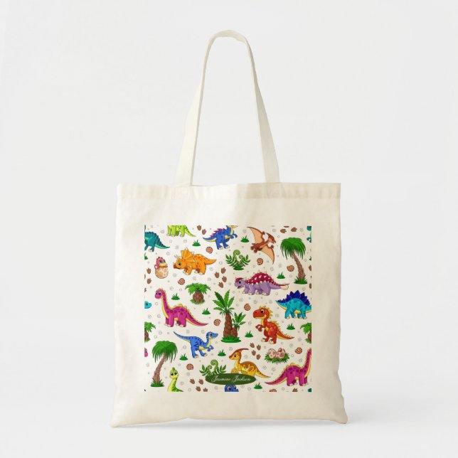 Cute Colourful Blue Green Pattern Dinosaur  Tote Bag (Front)