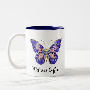 Cute Colourful Blue Pink Gold Butterfly Floral  Two-Tone Coffee Mug