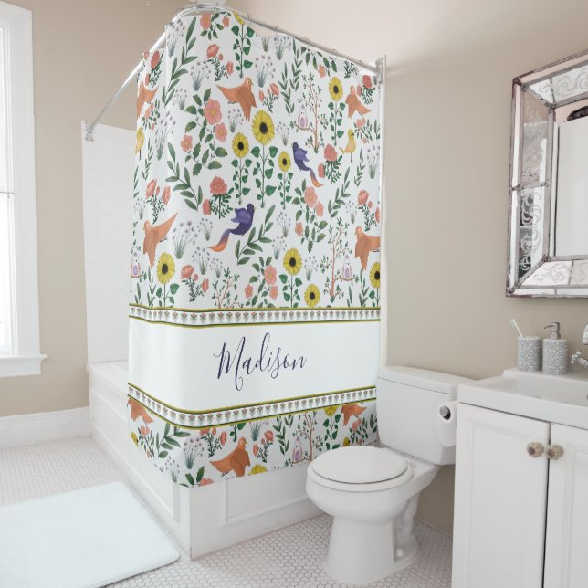 Cute Colourful Boho Bird and Floral Pattern Shower Curtain (In Situ)