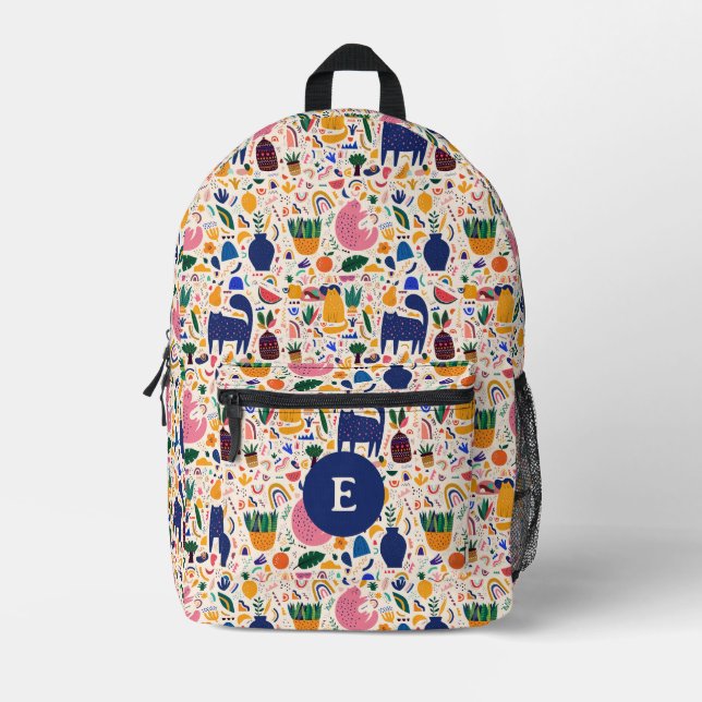 Cute Colourful Boho Desert Cats Monogram Printed Backpack (Front)