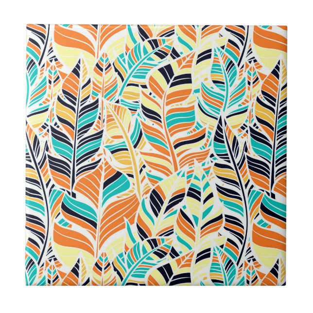 Cute colourful boho leaves pattern ceramic tile (Front)
