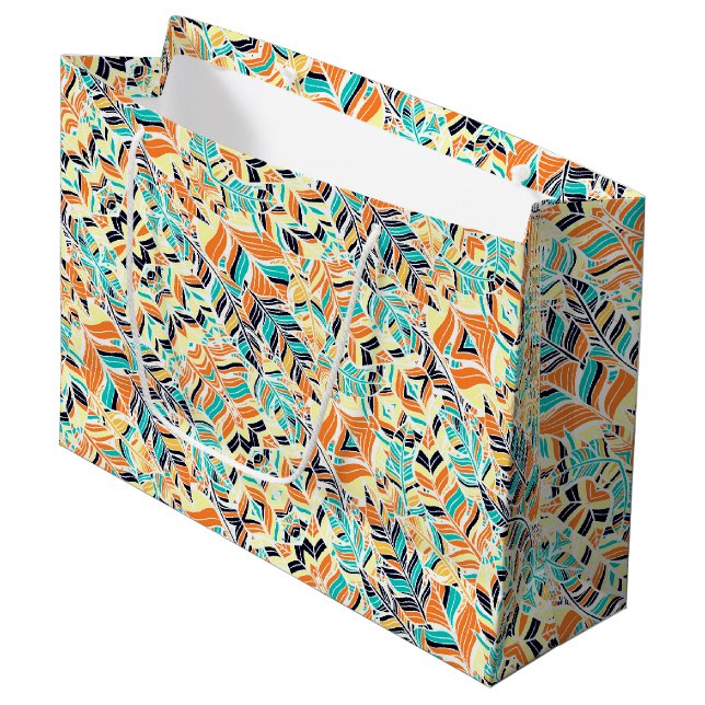 Cute colourful boho leaves pattern large gift bag (Front Angled)