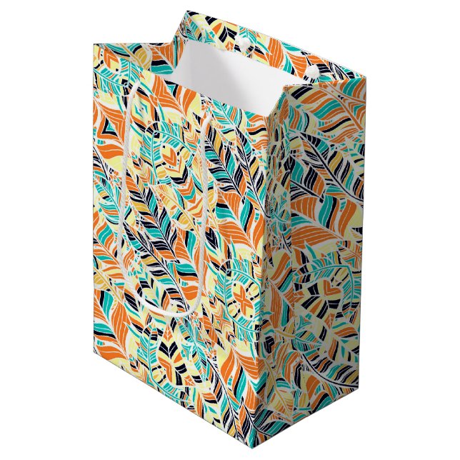 Cute colourful boho leaves pattern medium gift bag (Front Angled)