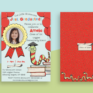 Cute Colourful Bookworm Graduation Party with Phot Invitation