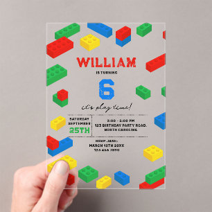 Cute Colourful Bricks Building Blocks Kids Birthda Acrylic Invitations