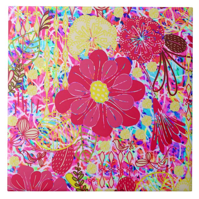 Cute colourful bright flowers ceramic tile (Front)