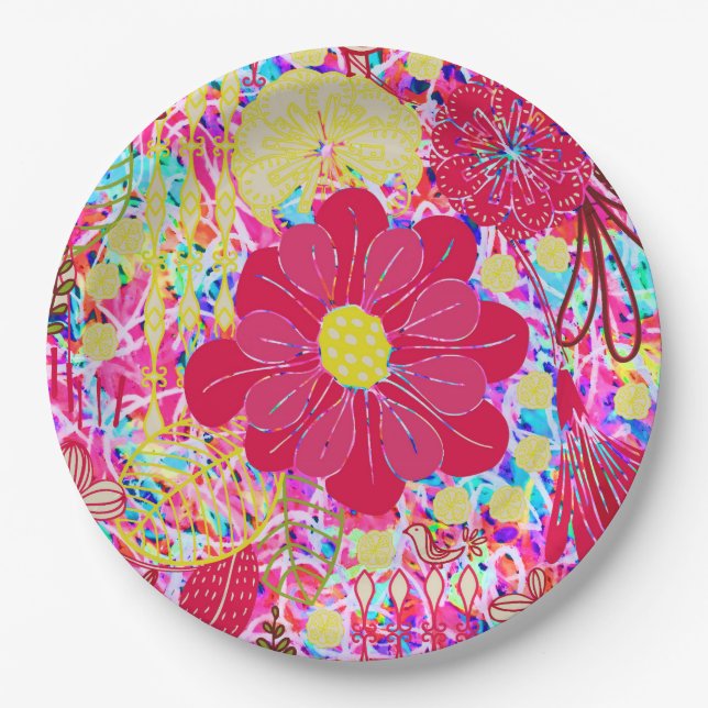 Cute colourful bright flowers paper plate (Front)