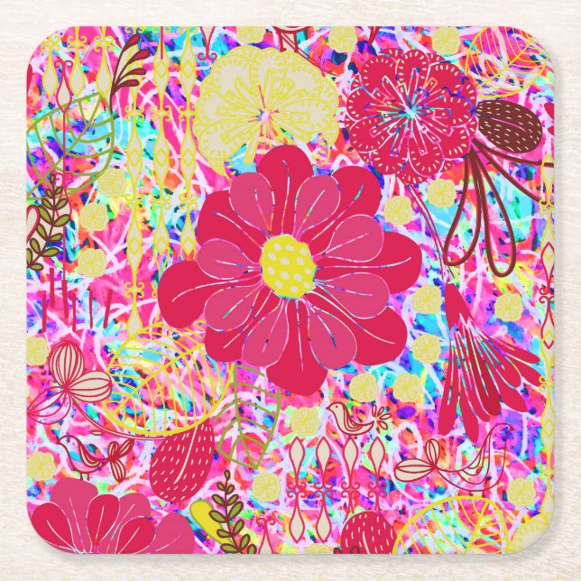 Cute colourful bright flowers square paper coaster (Front)