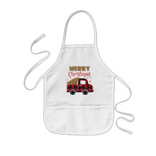 Cute Colourful Buffalo Plaid Merry Christmas Truck Kids Apron