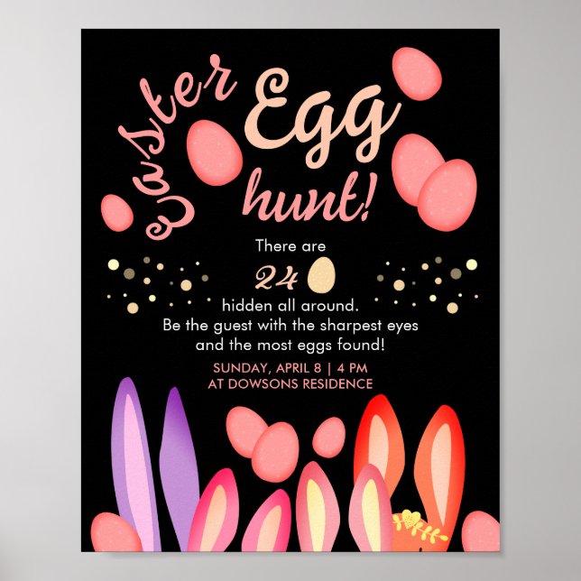 Cute Colourful Bunny Ears Easter Egg Hunt On Black Poster (Front)