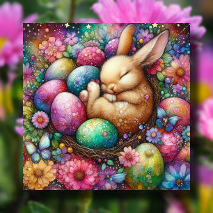 Cute Colourful Bunny Easter Eggs Floral Christian  Holiday Card