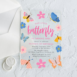 Cute Colourful Butterflies 1st Birthday Party Acrylic Invitations