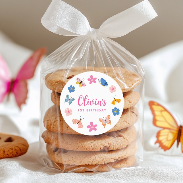 Cute Colourful Butterflies Birthday Party Classic Round Sticker (Creator Uploaded)