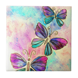 Cute Colourful Butterflies Flying - Watercolor Art Ceramic Tile