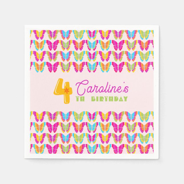 Cute Colourful Butterflies Girl 4th Birthday Party Napkin (Front)
