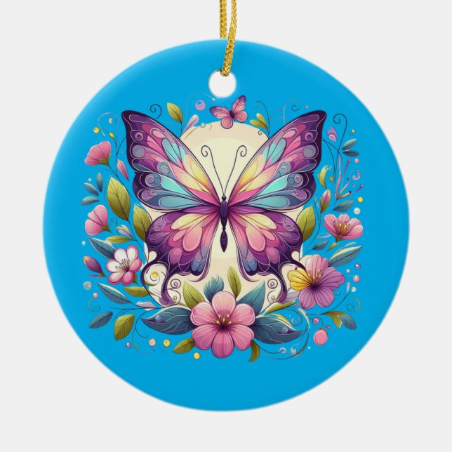 Cute, colourful butterfly  ceramic ornament (Front)
