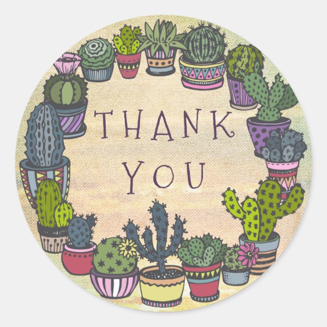 Cute Colourful Cactus Thank You Classic Round Sticker (Front)