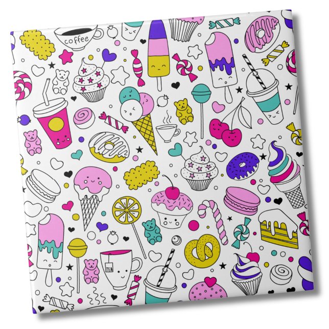 Cute Colourful Candy Sweet Pattern Ceramic Tile (Trendy Cute Colorful Candy Sweets Desserts Pattern Ceramic)