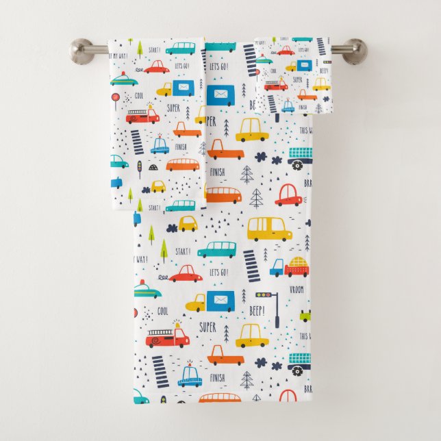 Cute Colourful Car Traffic Pattern Bath Towel Set (Insitu)