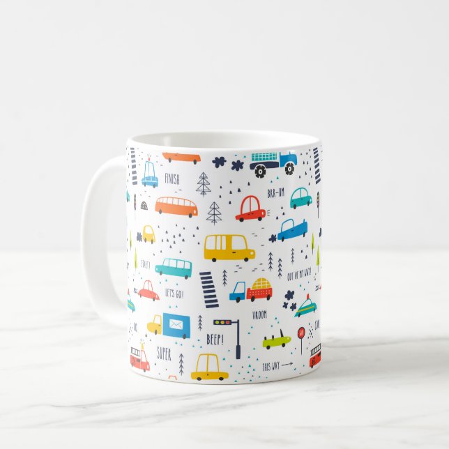 Cute Colourful Car Traffic Pattern Coffee Mug (Front Left)