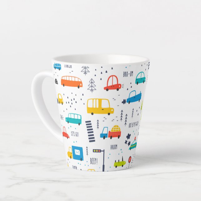 Cute Colourful Car Traffic Pattern Latte Mug (Left Angle)