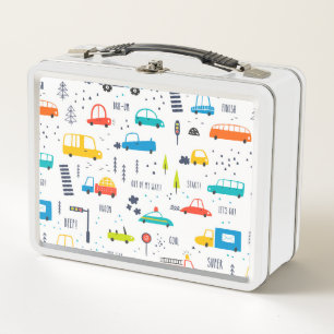 Cute Colourful Car Traffic Pattern Metal Lunch Box