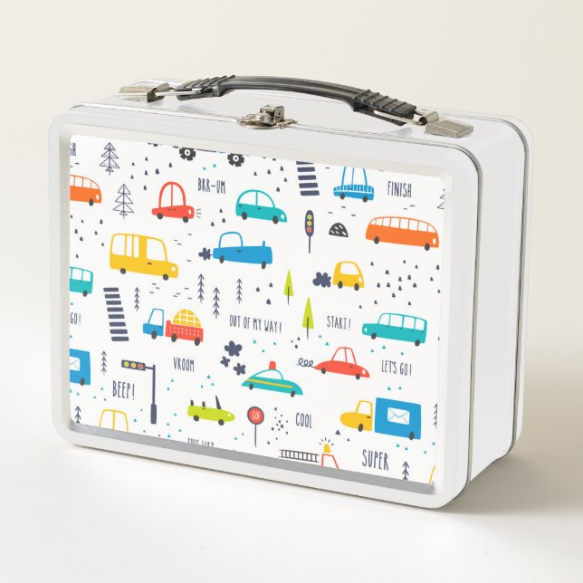 Cute Colourful Car Traffic Pattern Metal Lunch Box (Front)