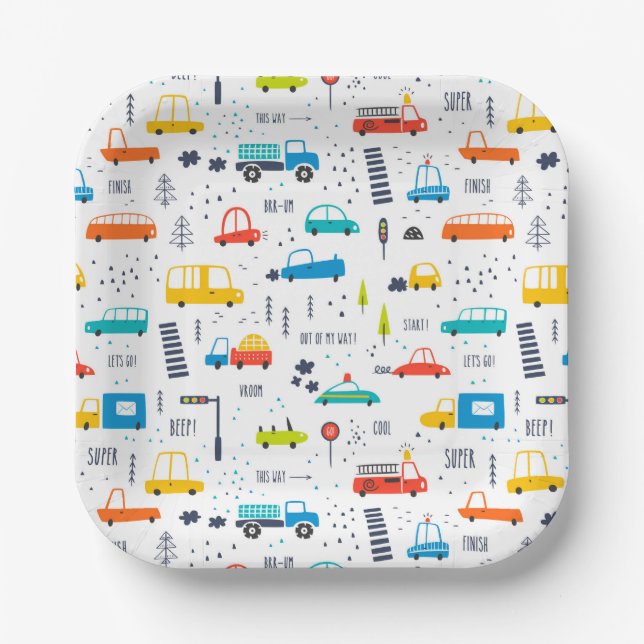 Cute Colourful Car Traffic Pattern Paper Plate (Front)