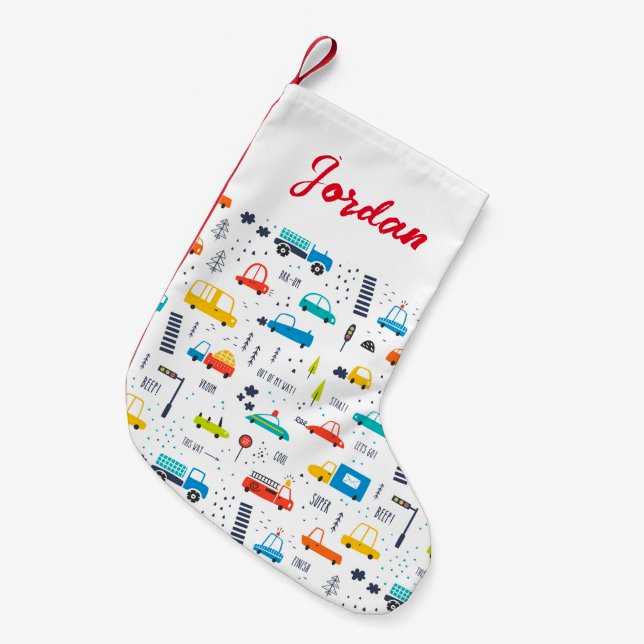 Cute Colourful Car Traffic Pattern Small Christmas Stocking (Front (Hanging))
