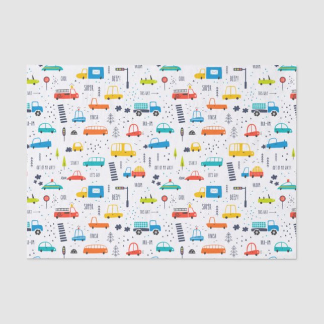 Cute Colourful Car Traffic Pattern Tissue Paper (Front)