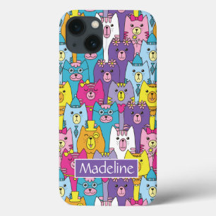 Cute Colourful Cartoon Cats Pattern Add Name iPhone 13 Case