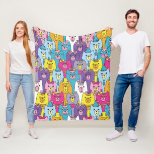 Cute Colourful Cartoon Cats Pattern Fleece Blanket