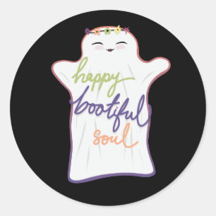 Cute Colourful Cartoon Ghost with Text Classic Round Sticker