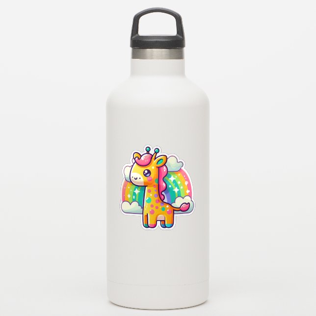 Cute Colourful Cartoon Giraffe Rainbow Background (Waterbottle)