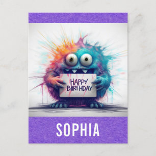 Cute Colourful Cartoon Monster Happy Birthday Postcard